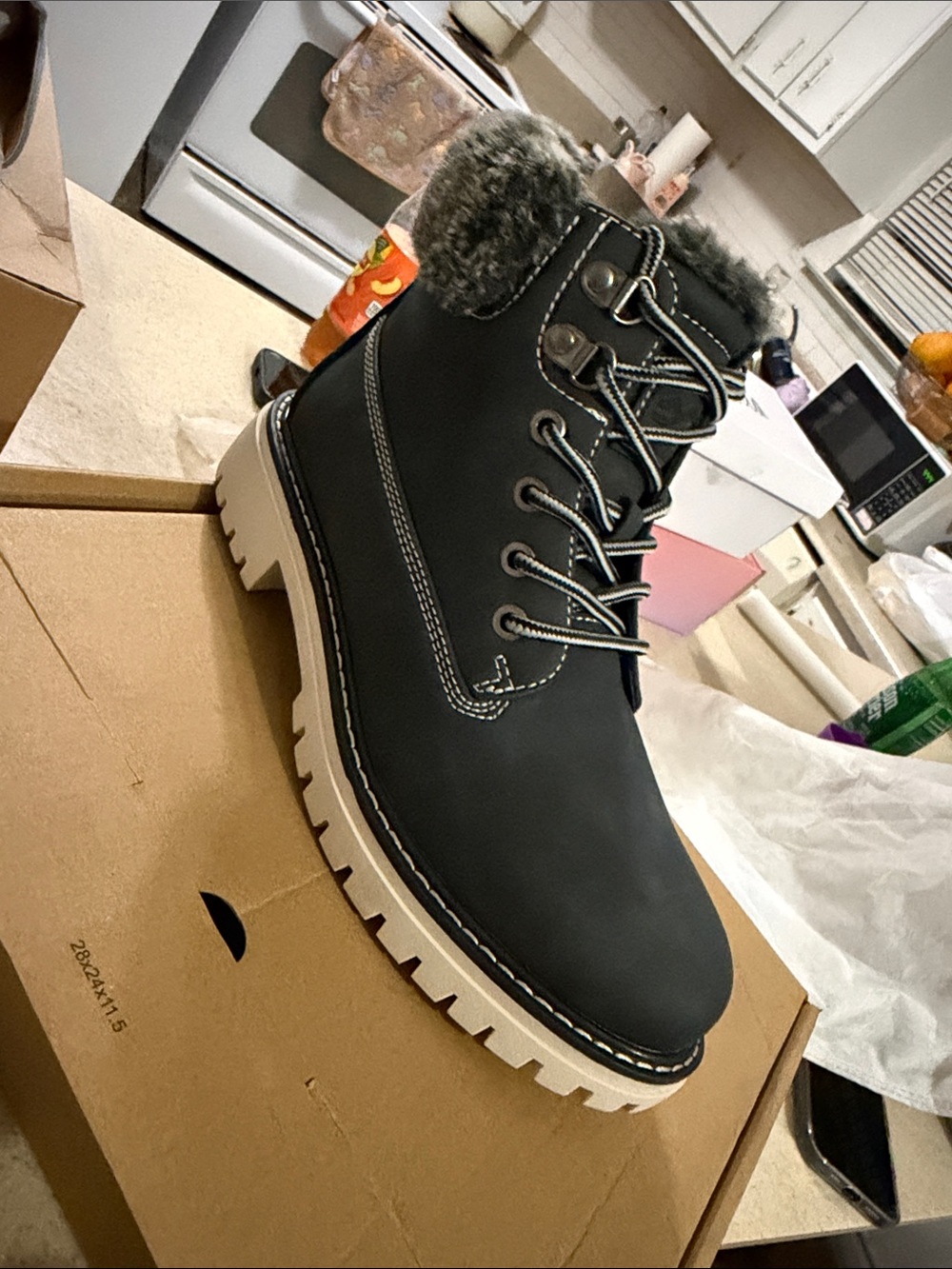 Amazon Women's Black Lace-Up Faux Fur Collar Winter Boot